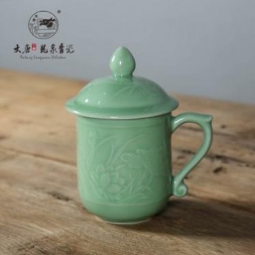 龍泉帶蓋陶瓷杯子青瓷禮品批發清荷將軍商務杯辦公會議茶水杯定制