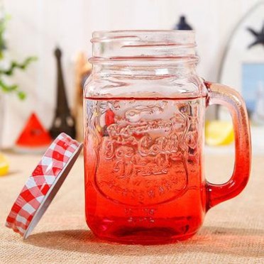 批發漸變色玻璃水杯把子公雞杯飲料瓶500ml果汁啤酒杯帶鐵蓋吸管