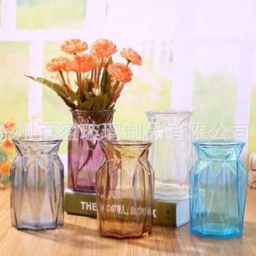折紙玻璃花瓶歐式簡約幾何創意豎棱插花容器透明彩色客廳小號擺件